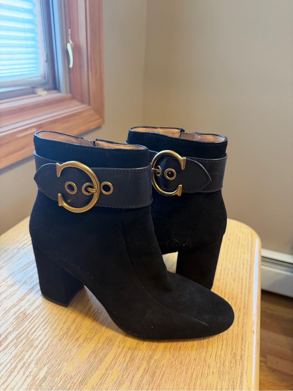 Authentic Coach Suede Ankle Booties with Gold C Buckle Accent